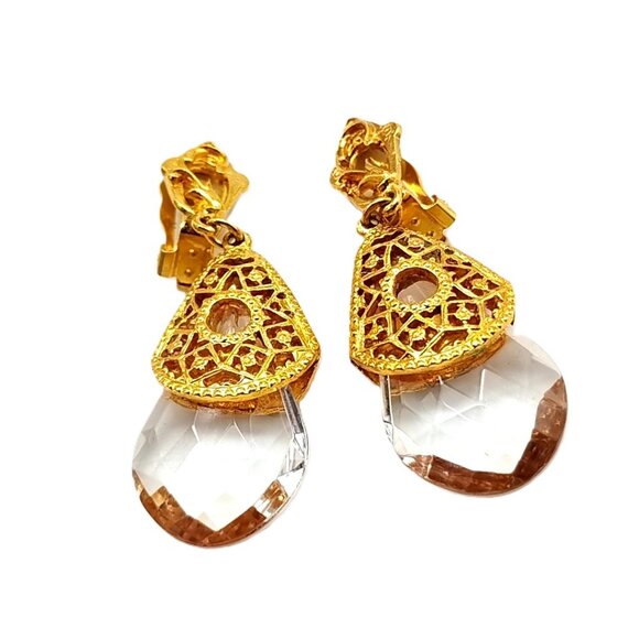 Gold Tone Filigree Clip-On Dangle Earrings Clear Faceted Teardrop Vintg-Inspired - Picture 3 of 9